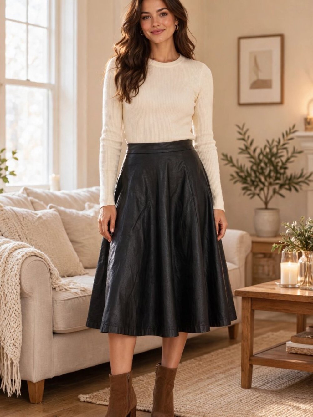 Forever 21 Faux Leather Circle Skirt XS Black High Waist Midi Flare Skater